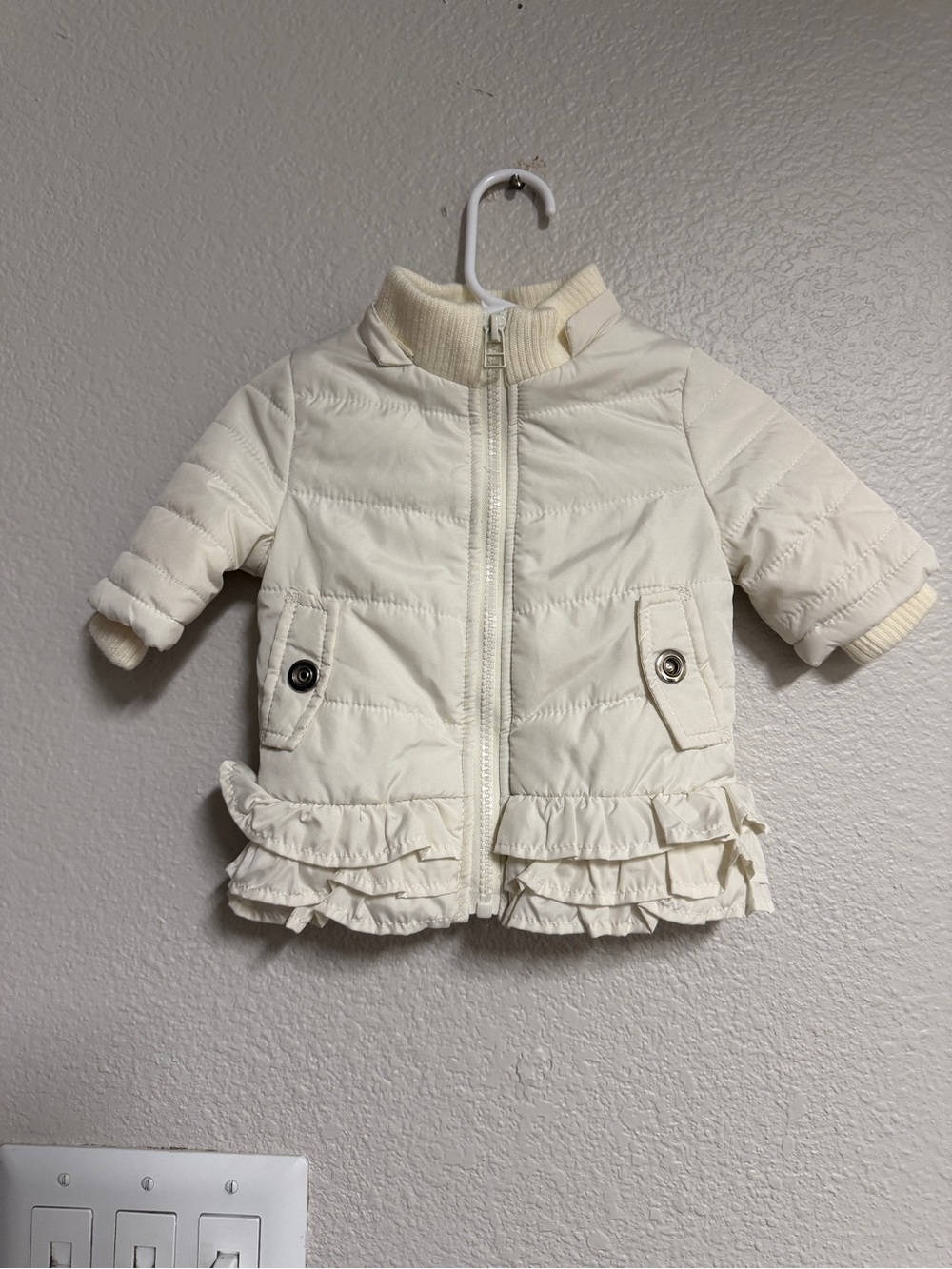 Starting Out Cream Quilted Ruffle Puffer Jacket
